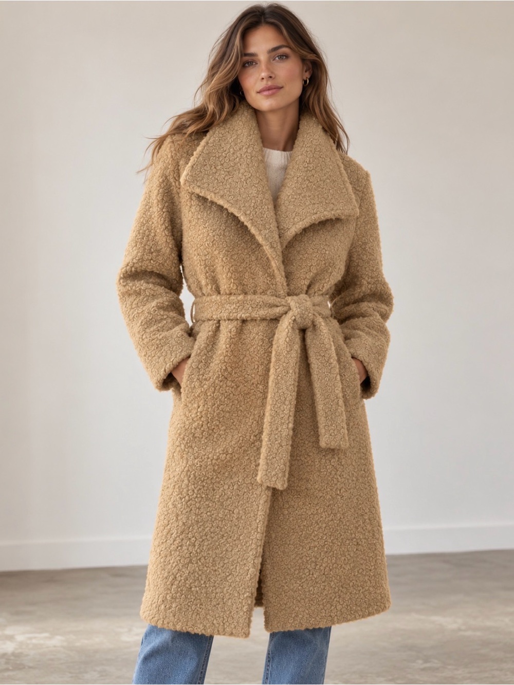 L'AGENCE Camel Teddy Belted Trench Coat Size Large